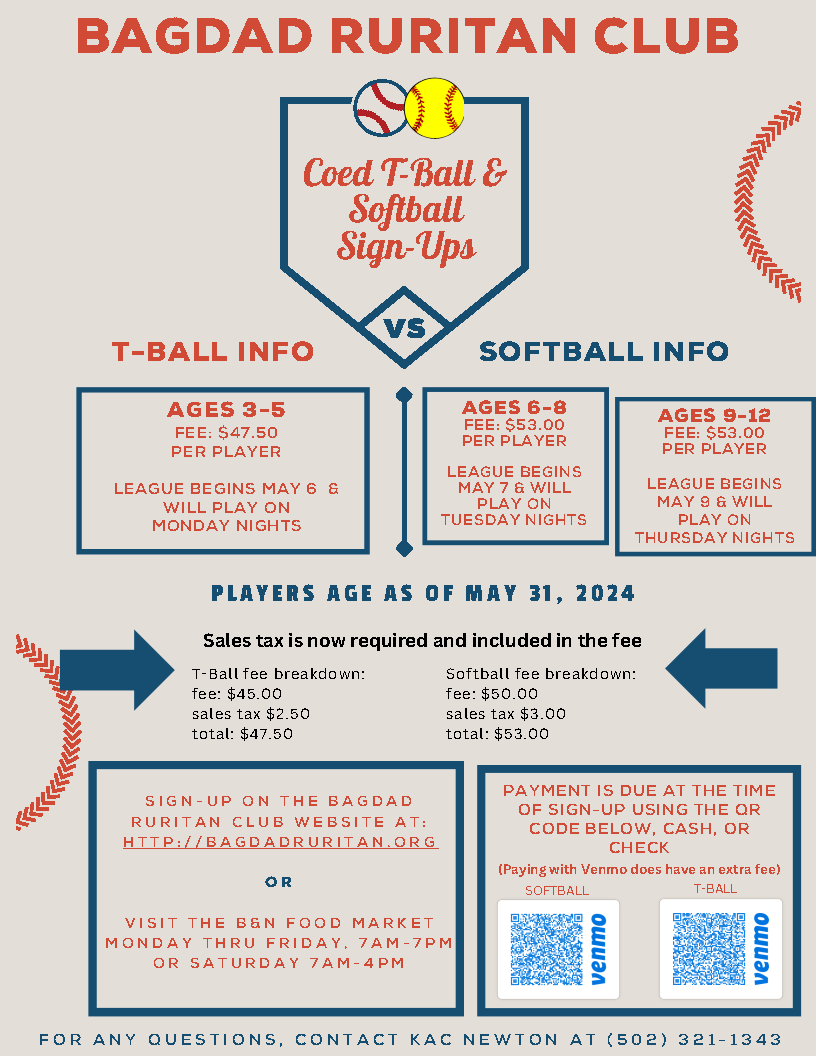 2024 Spring Tball and COED Softball Bagdad Ruritan Club